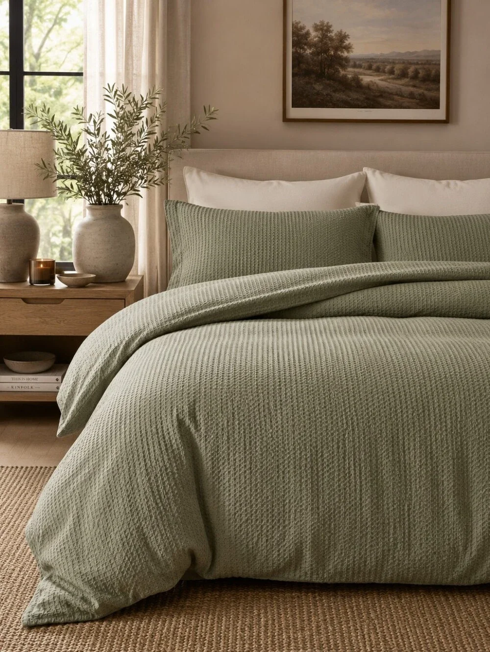 Quince Organic Luxe Honeycomb Duvet Set Olive Full Queen EUC